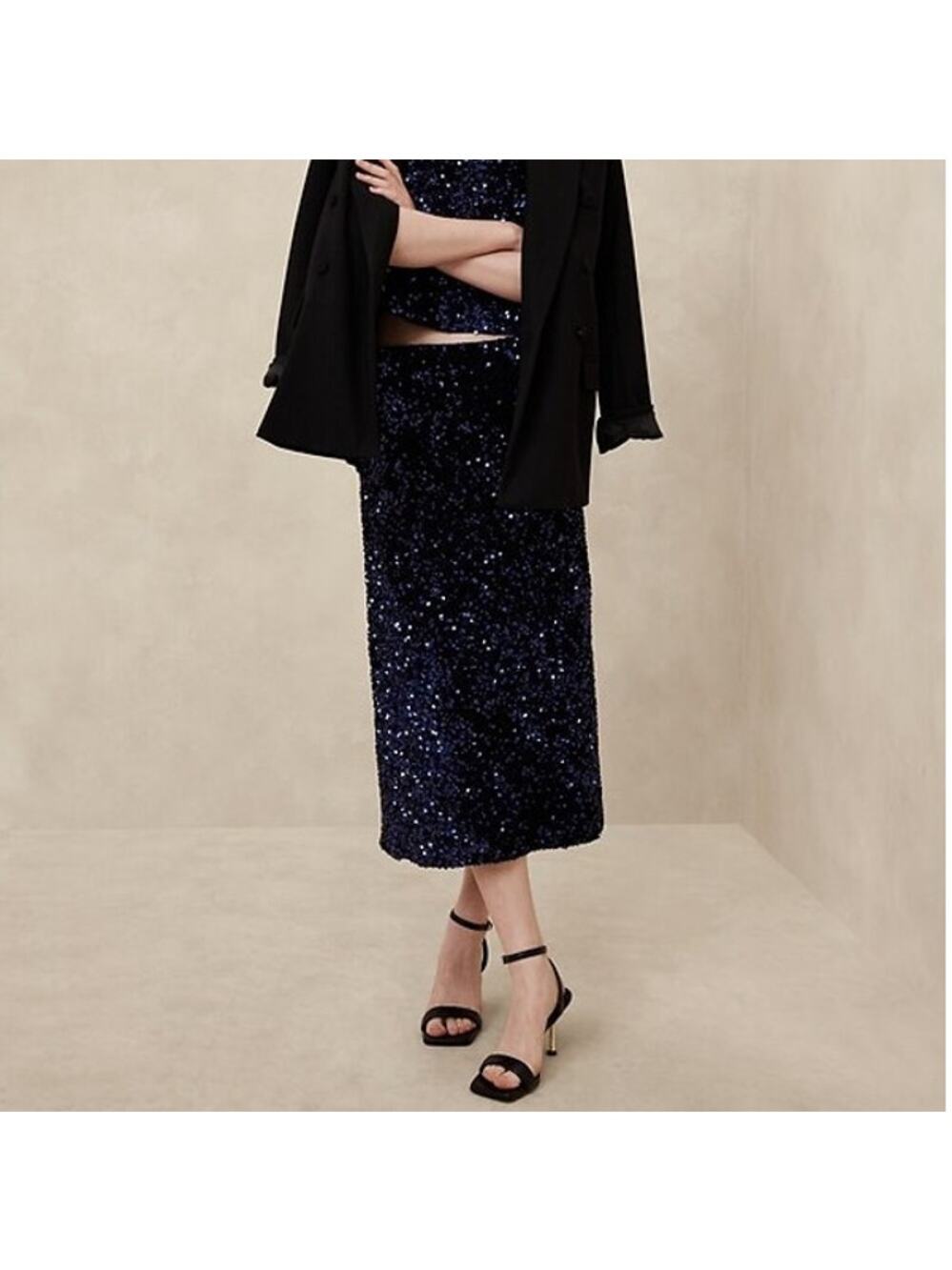 Banana Republic Navy Paillette Sequin Sparkle Midi Slip Straight Skirt XXS